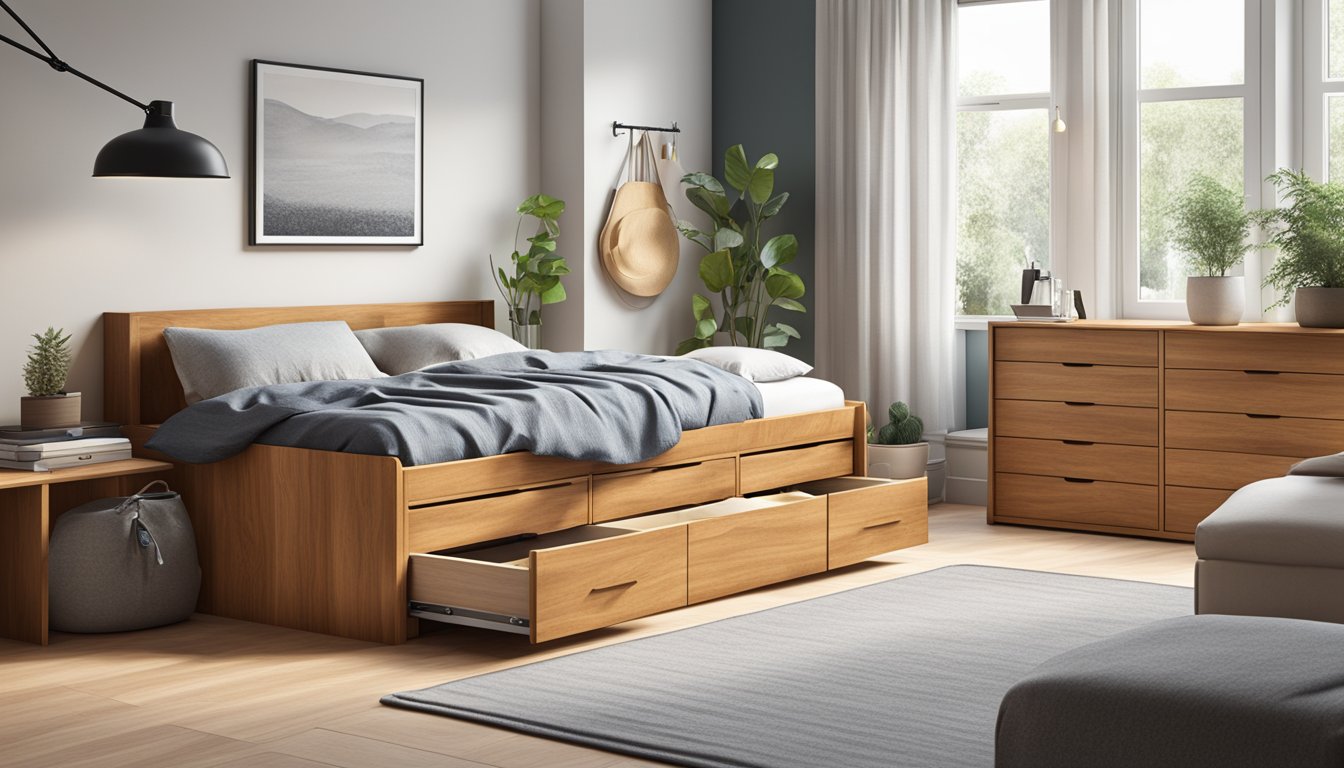 A wooden storage bed in a tidy bedroom, with drawers and compartments maximising storage space