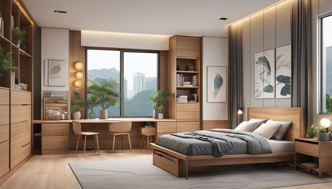 A wooden storage bed in a Singapore bedroom, with drawers and compartments for organizing items, against a backdrop of clean, modern decor