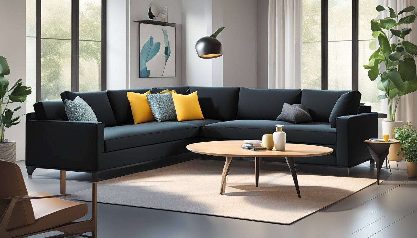 A black L-shaped sofa sits in a modern living room, surrounded by sleek furniture and vibrant decor