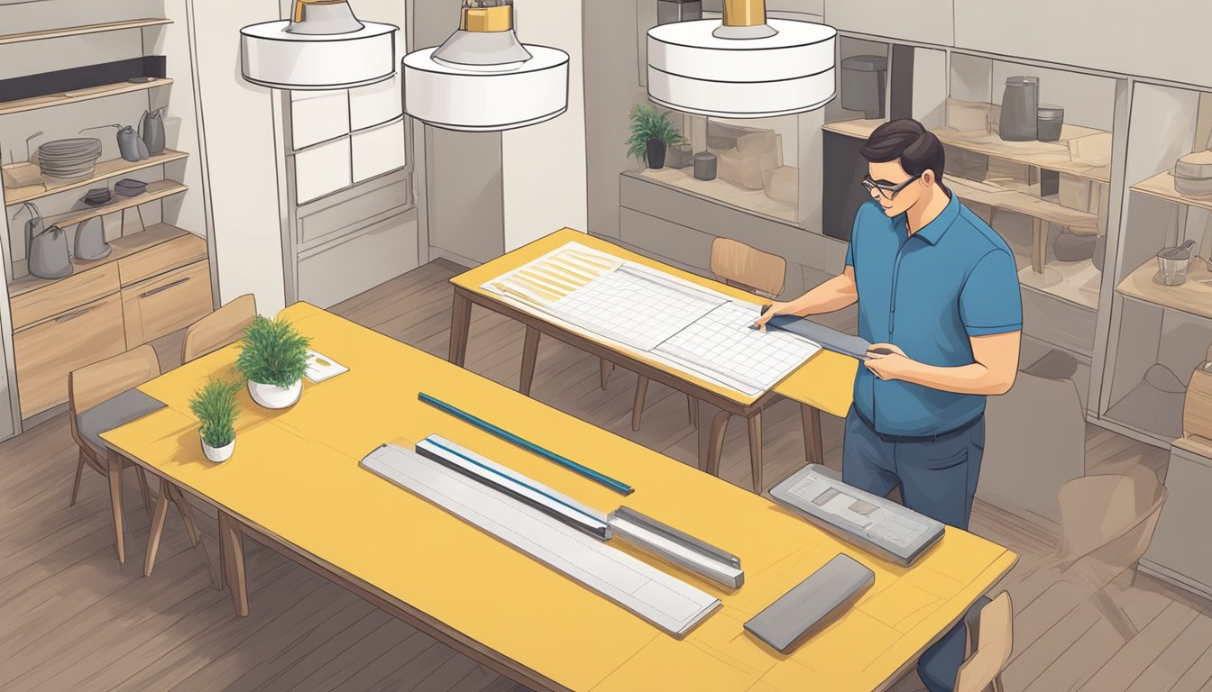 A person measures and compares dining table dimensions with a tape measure and notebook in a furniture showroom