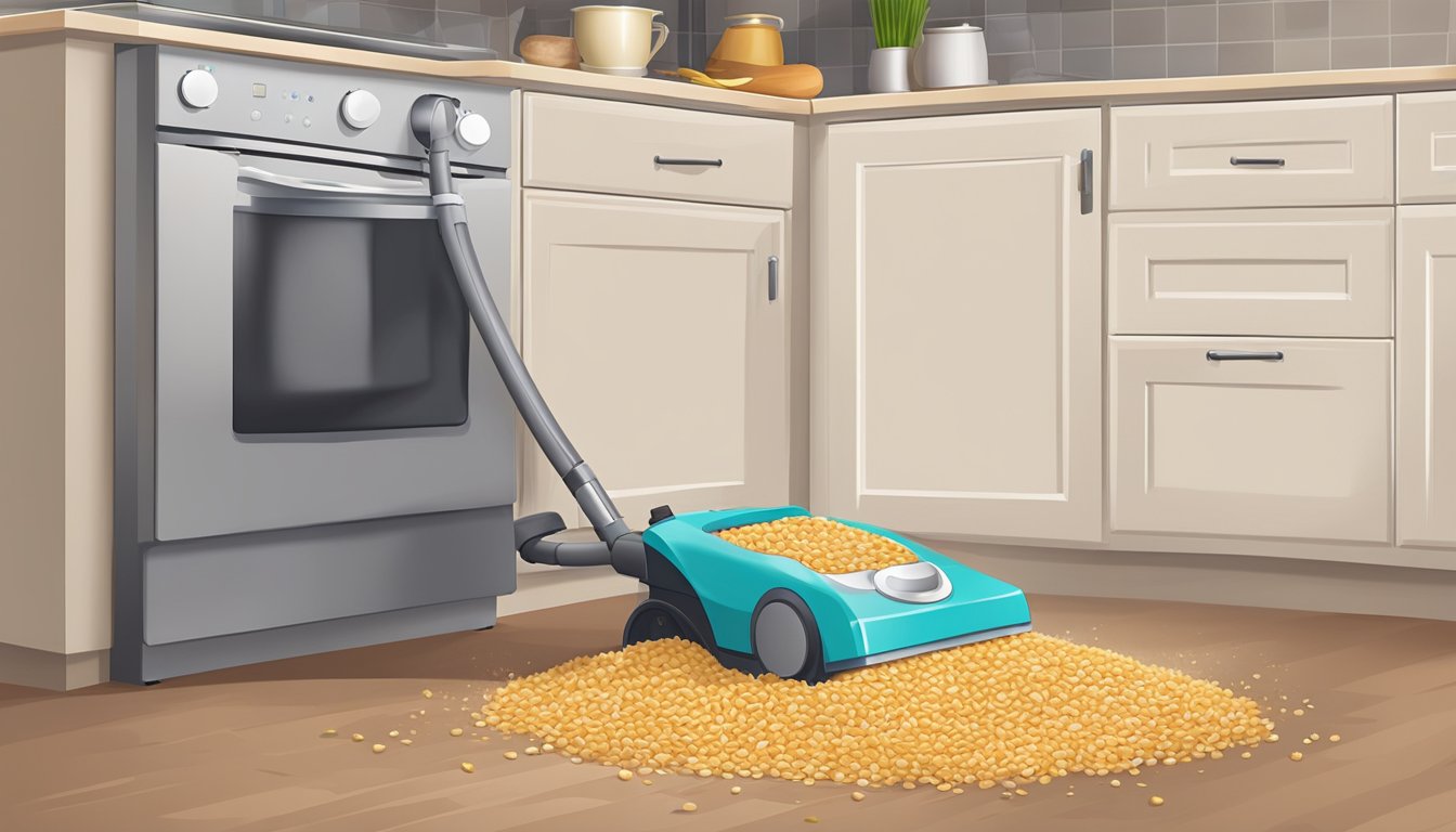 A portable vacuum cleaning up spilled cereal on a kitchen floor