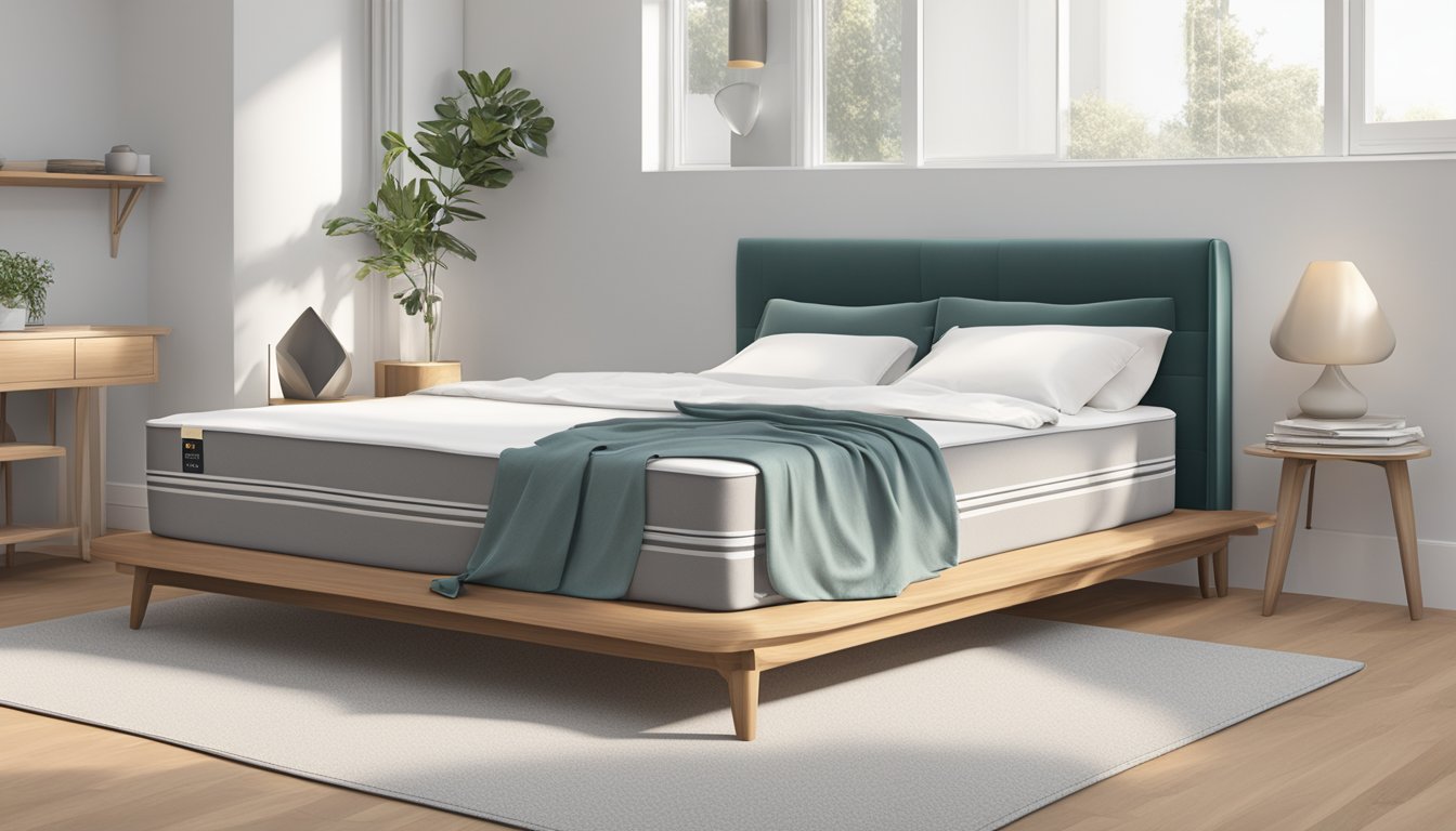 A queen mattress measuring 152 cm by 203 cm, resting on a sleek bed frame with clean lines and a neutral color palette