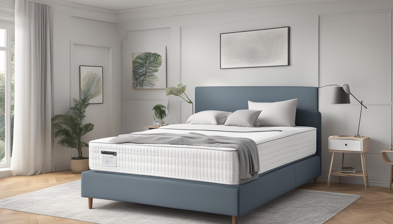 A queen mattress measuring 152 cm by 203 cm sits in a bedroom, adorned with crisp white sheets and a fluffy duvet