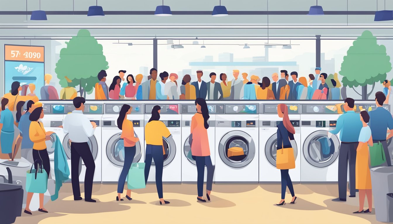 A crowd gathers around a display of washing machines, with bright sale signs and a busy salesperson assisting customers