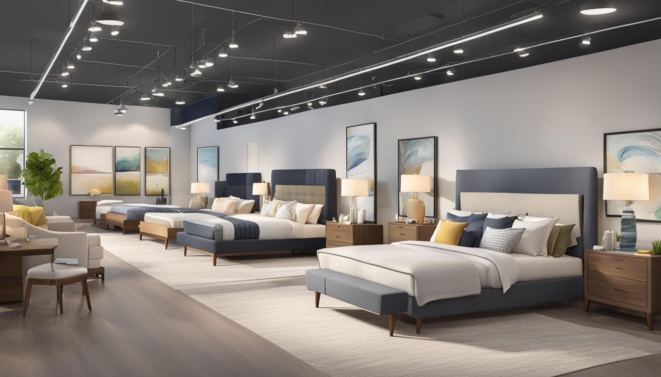 Customers browsing through various beds in a spacious showroom with bright lighting and modern decor. Displayed mattresses and headboards showcase different styles and comfort levels