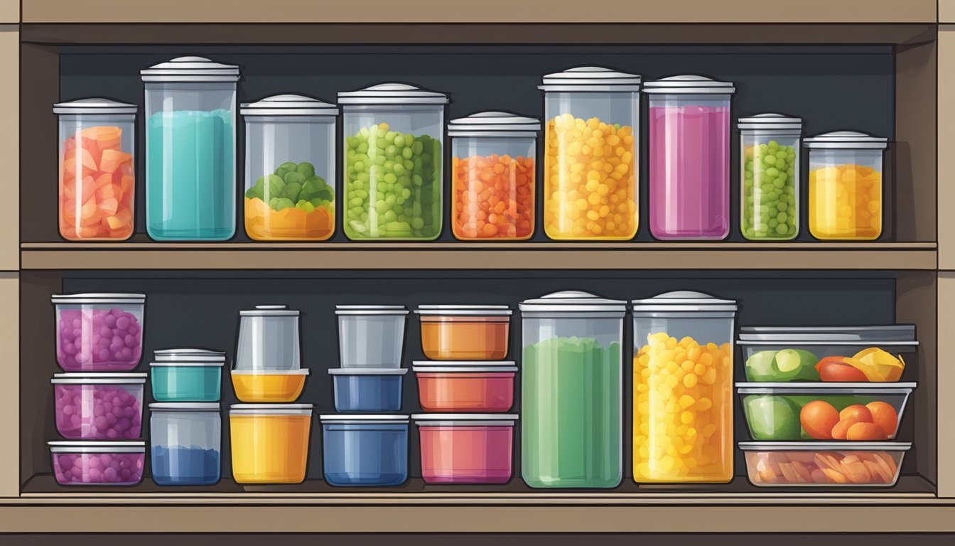 A stack of colorful food containers neatly organized on a kitchen shelf in Singapore