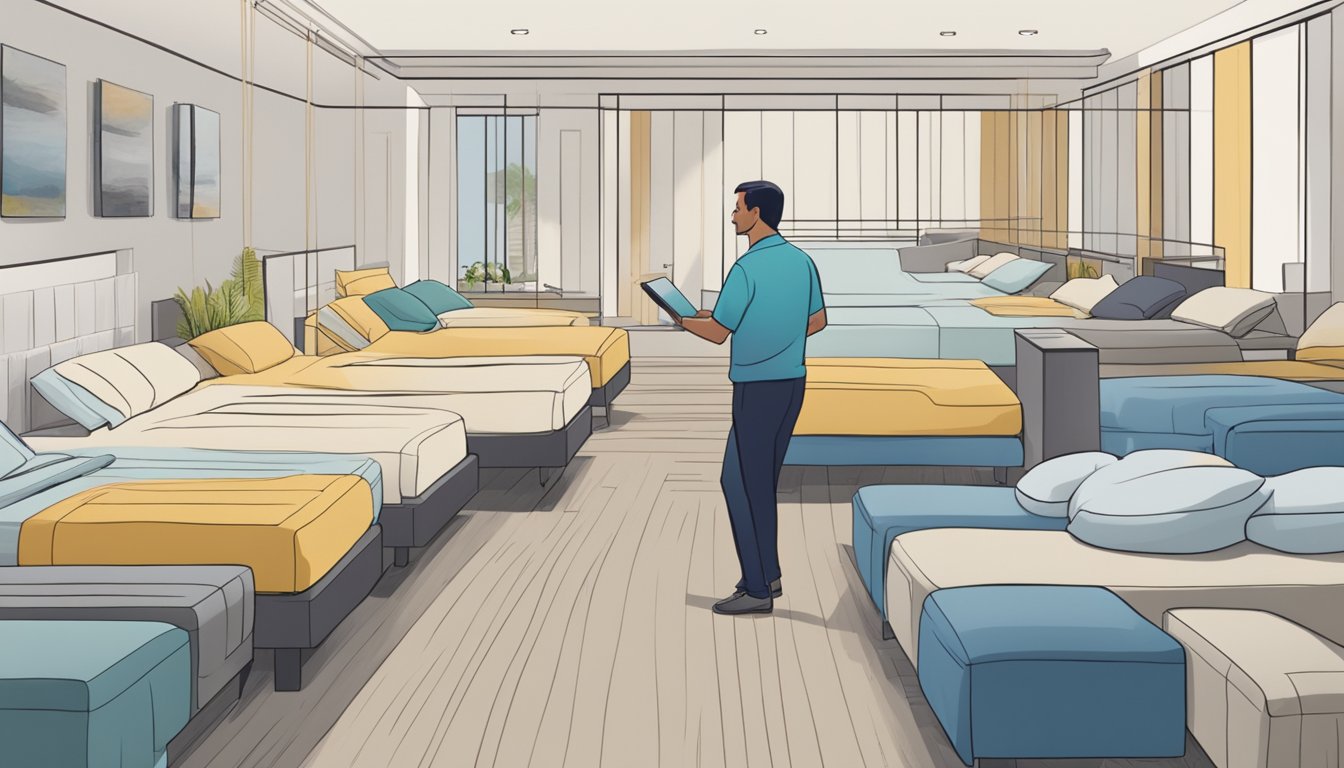 A customer browsing through various bed options while a salesperson explains the frequently asked questions about different bed types and features