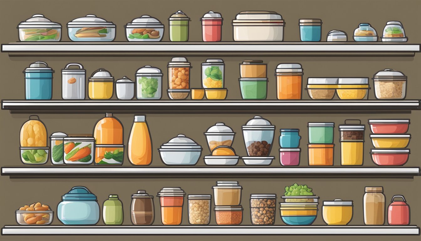 Various food containers line the shelves, from traditional tiffin carriers to modern bento boxes, showcasing the diverse range of options available in Singapore