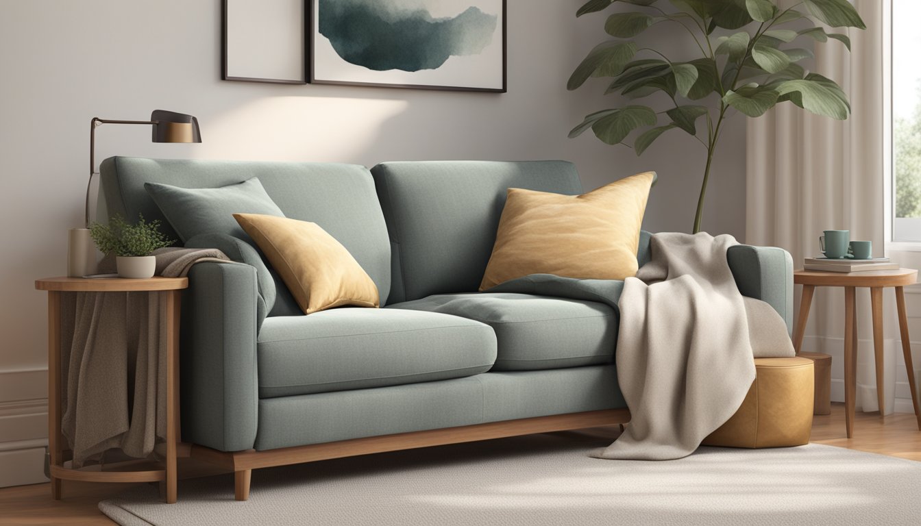 A single recliner sofa sits in a cozy living room, surrounded by soft pillows and a warm throw blanket. The room is bathed in natural light, creating a peaceful and inviting atmosphere