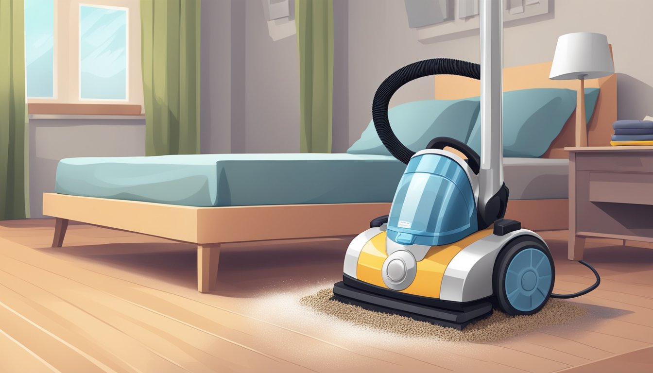 A vacuum cleaner hovers over a neatly made bed, sucking up dust and debris