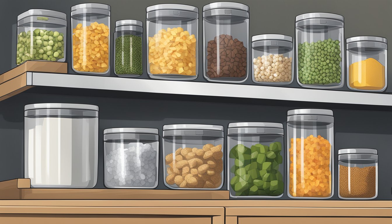 A kitchen counter with various food containers neatly organized, including plastic, glass, and stainless steel options. Labels indicate the containers' sizes and recommended uses