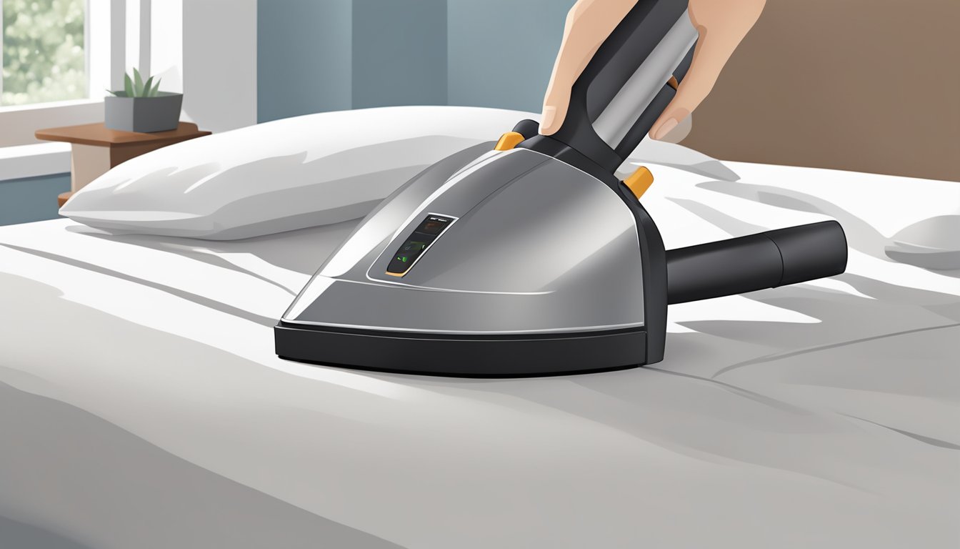 A hand reaches for a sleek, modern bed vacuum on a neatly made bed. The vacuum's nozzle hovers just above the surface, ready to clean