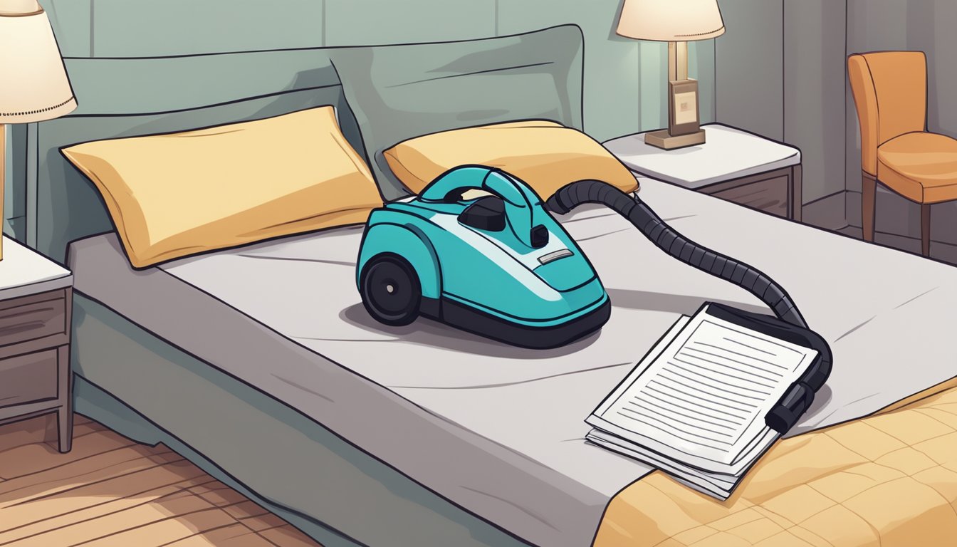 A vacuum cleaner positioned next to a bed with a "Frequently Asked Questions" pamphlet lying on the bedspread