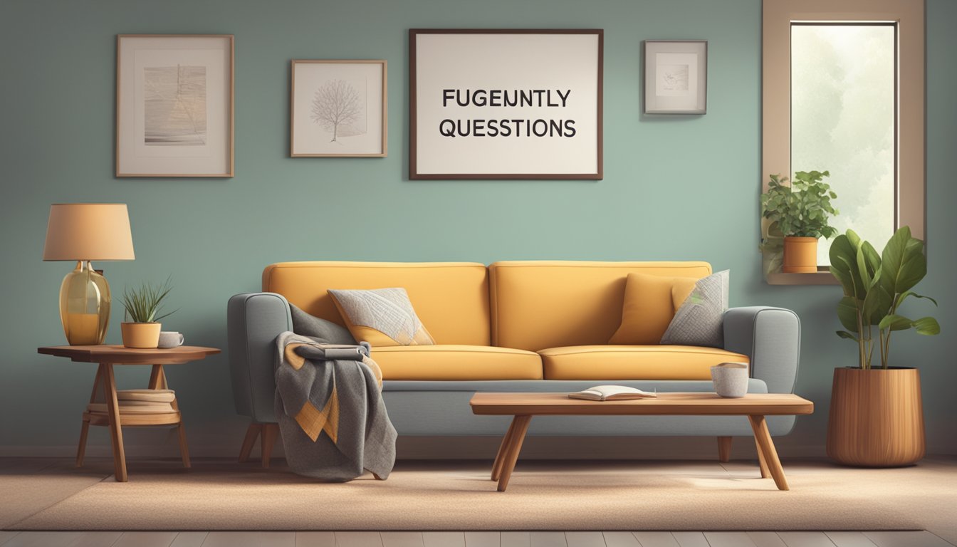 A cozy sofa and stool with a sign reading "Frequently Asked Questions" above them