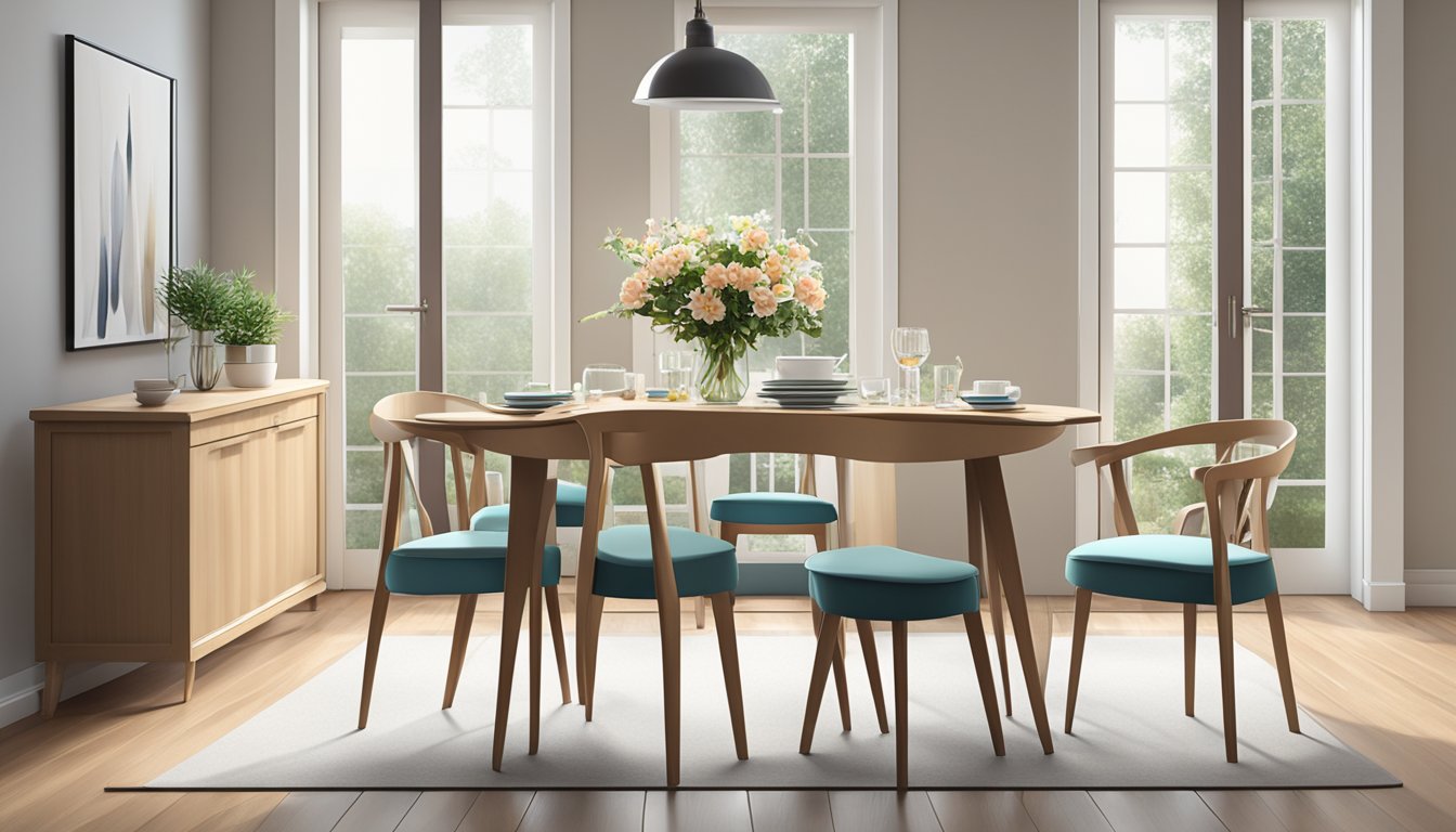 A 120cm dining table with four chairs surrounded by a window with natural light, a vase of flowers, and a set of dinnerware