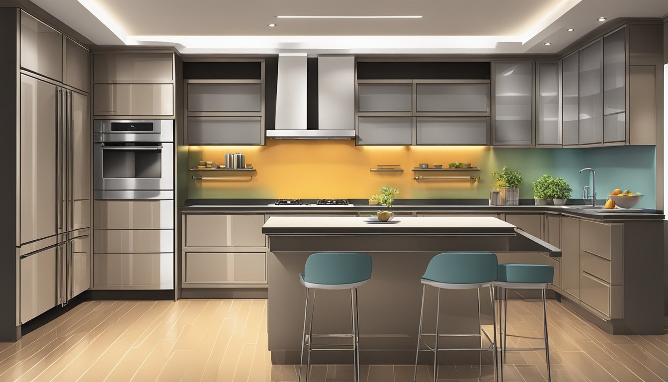 Shiny laminate cabinets line the kitchen wall, reflecting the warm glow of the overhead lights