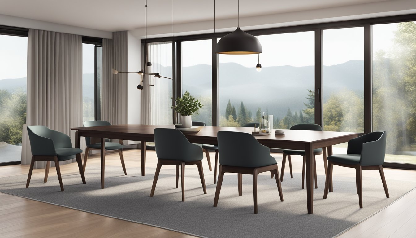 A 120cm dining table made of sleek, dark wood sits in a spacious, well-lit room, surrounded by modern chairs with clean lines and minimalistic design