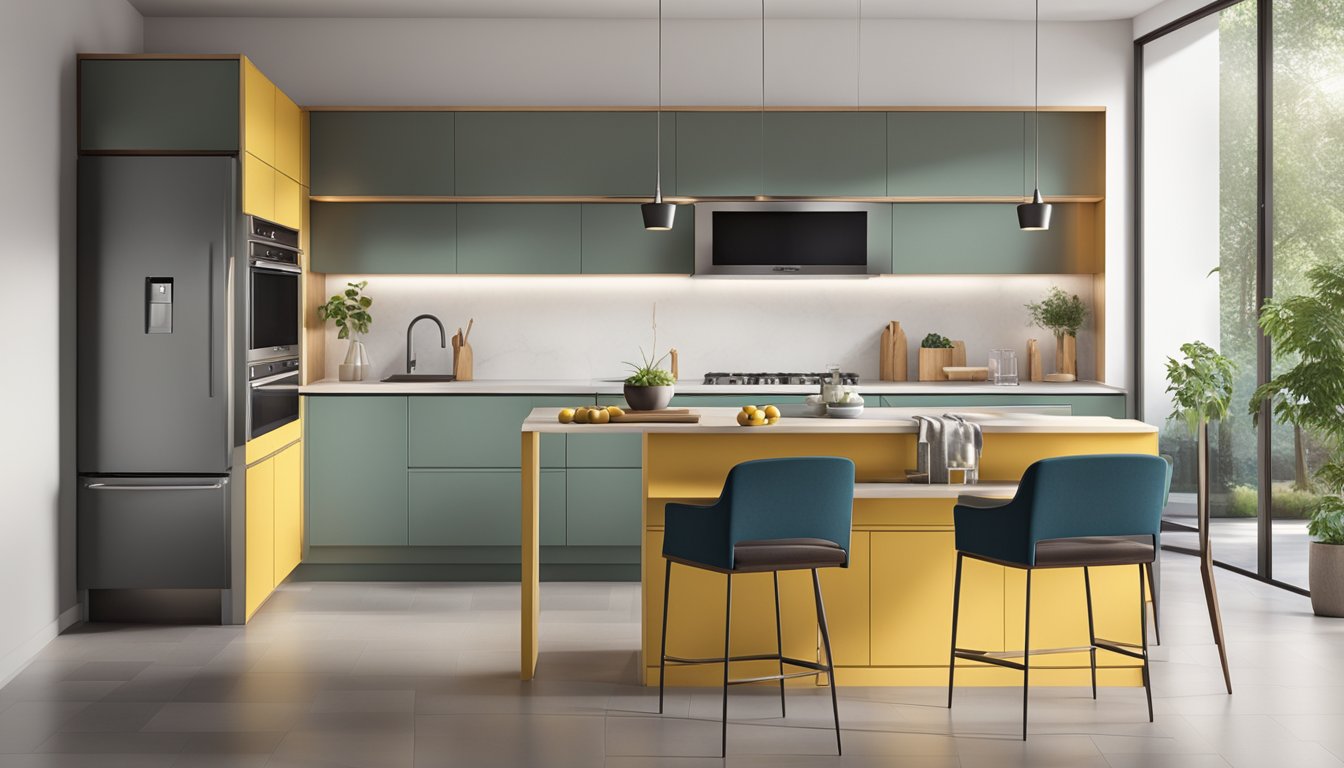A kitchen with sleek, modern laminate cabinets in various colors and finishes. Light reflects off the smooth surfaces, creating a contemporary and stylish atmosphere