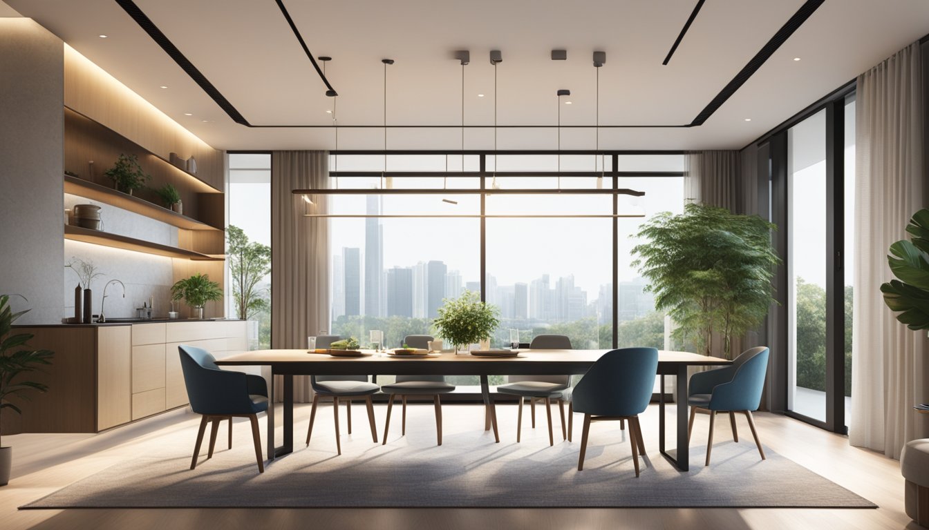 A couple examines a sleek 120cm dining table in a spacious Singapore showroom. Light streams through large windows, illuminating the modern furniture display