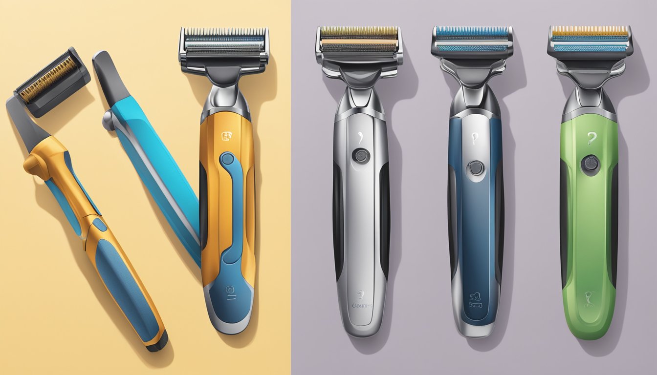 Three blades and five blades razors displayed side by side with question marks above them