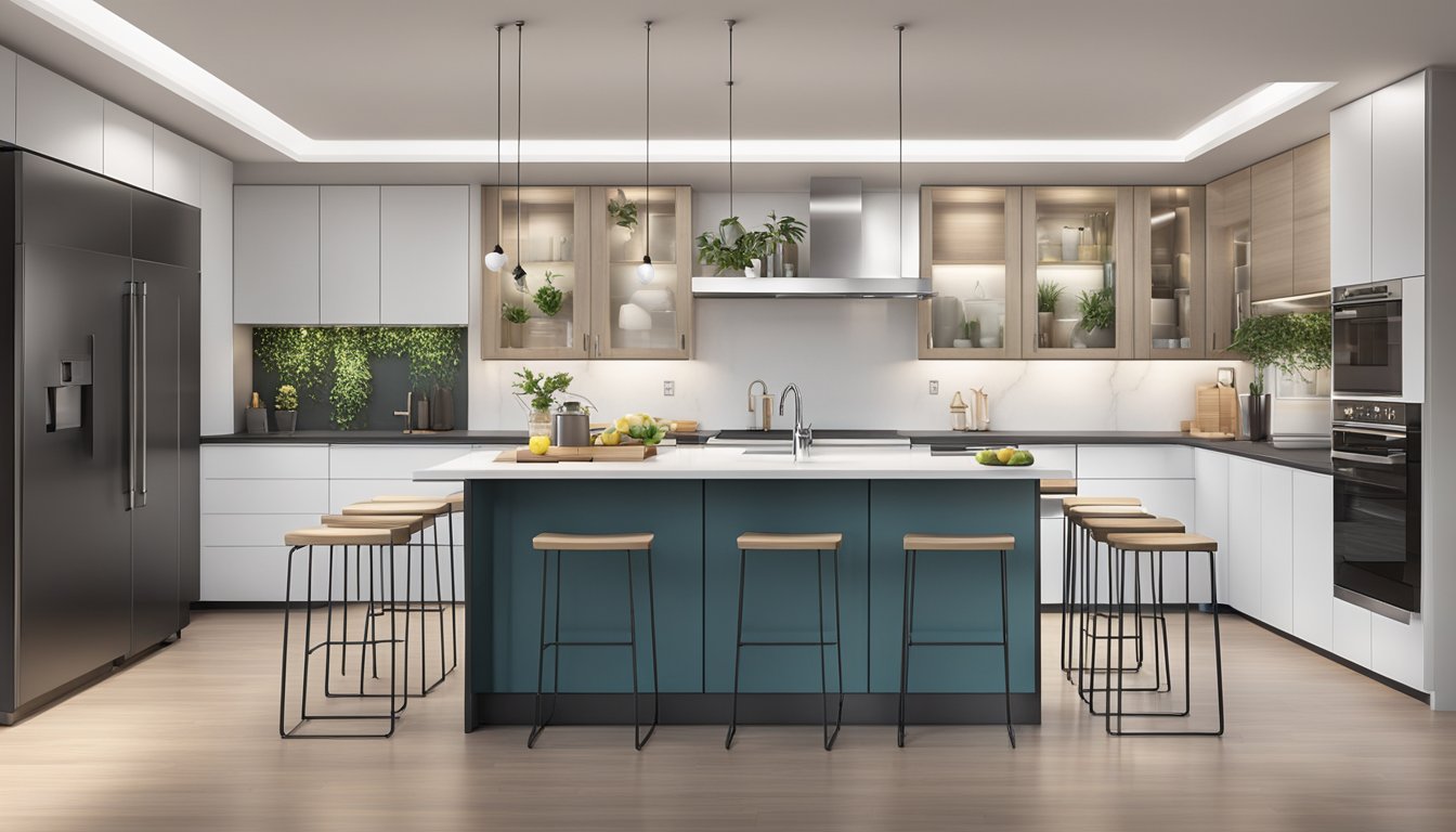 A kitchen with modern laminate cabinets, sleek hardware, and a clean, minimalist design. The cabinets are organized and clutter-free, with soft lighting highlighting their smooth, glossy surfaces