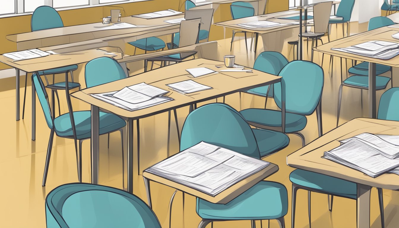 A 120cm dining table surrounded by chairs, with a stack of FAQ papers and a pen on the table