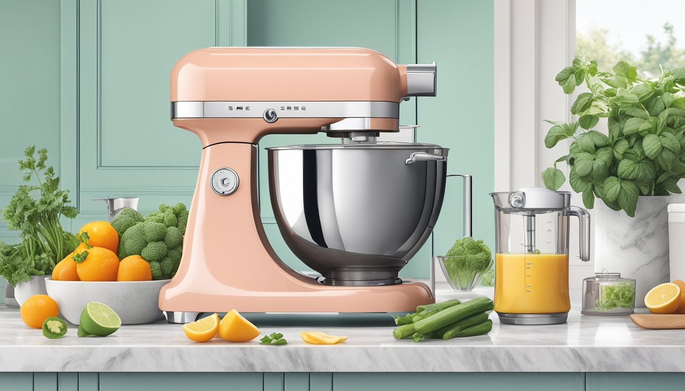 A sleek Smeg mixer sits on a marble countertop, surrounded by fresh ingredients and utensils, ready to create something delicious