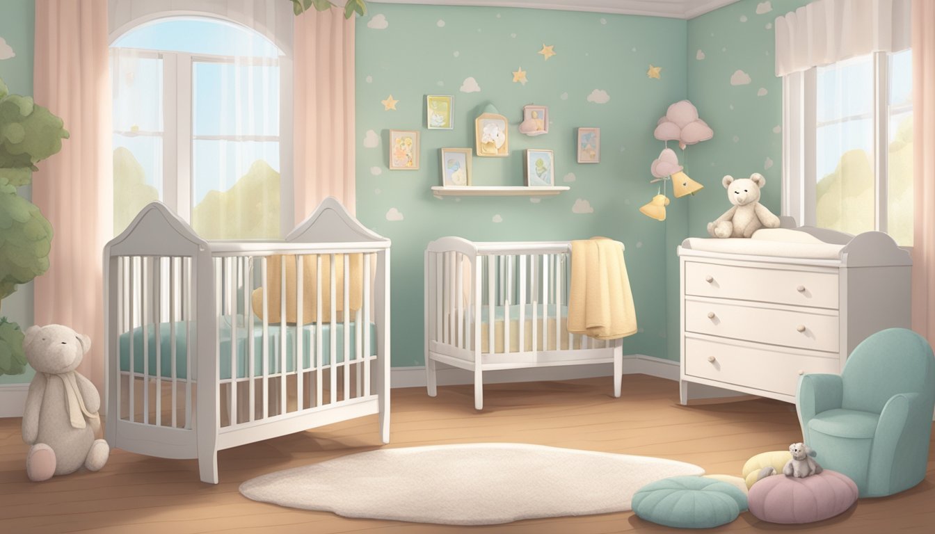 A cozy baby room with pastel walls, a rocking chair, and a crib adorned with soft, fluffy blankets and stuffed animals. A mobile hangs above the crib, gently swaying in the breeze