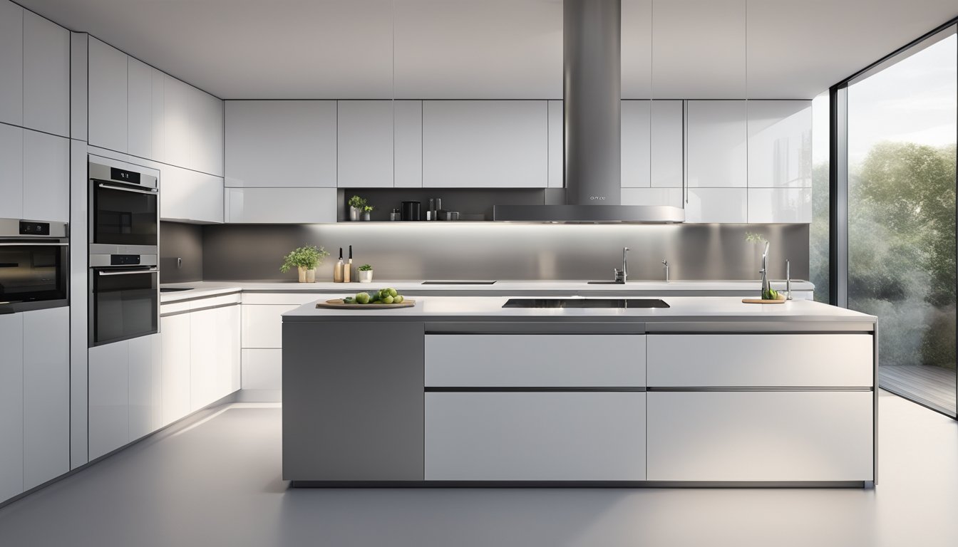 A sleek, stainless steel smeg hood hovers above a modern, minimalist kitchen, its clean lines and polished surface reflecting the ambient light