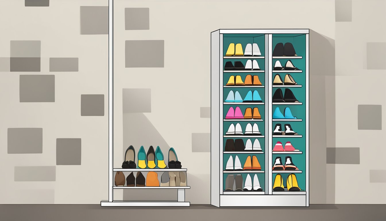 A narrow shoe cabinet against a wall with various pairs of shoes neatly arranged inside