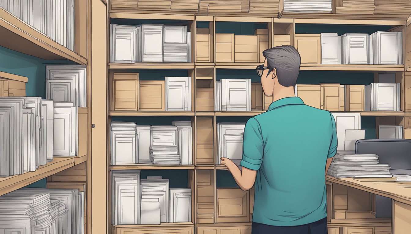 Laminate cabinets stacked with FAQ documents, surrounded by curious customers
