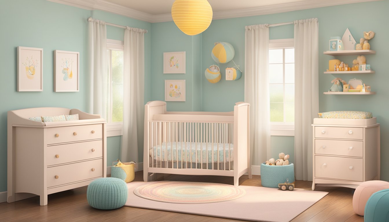 A cozy baby room with pastel walls, a rocking chair, and a changing table. Soft lighting and colorful mobiles add a touch of whimsy