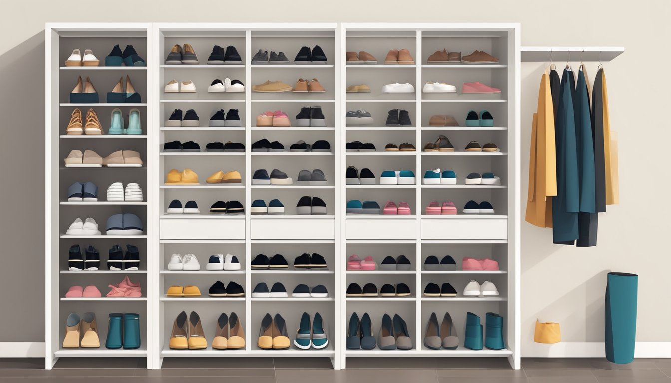 A narrow shoe cabinet stands against a wall, filled with neatly arranged shoes. The cabinet is sleek and modern, with a minimalist design. The surrounding space is tidy and well-organized, creating a sense of order and efficiency