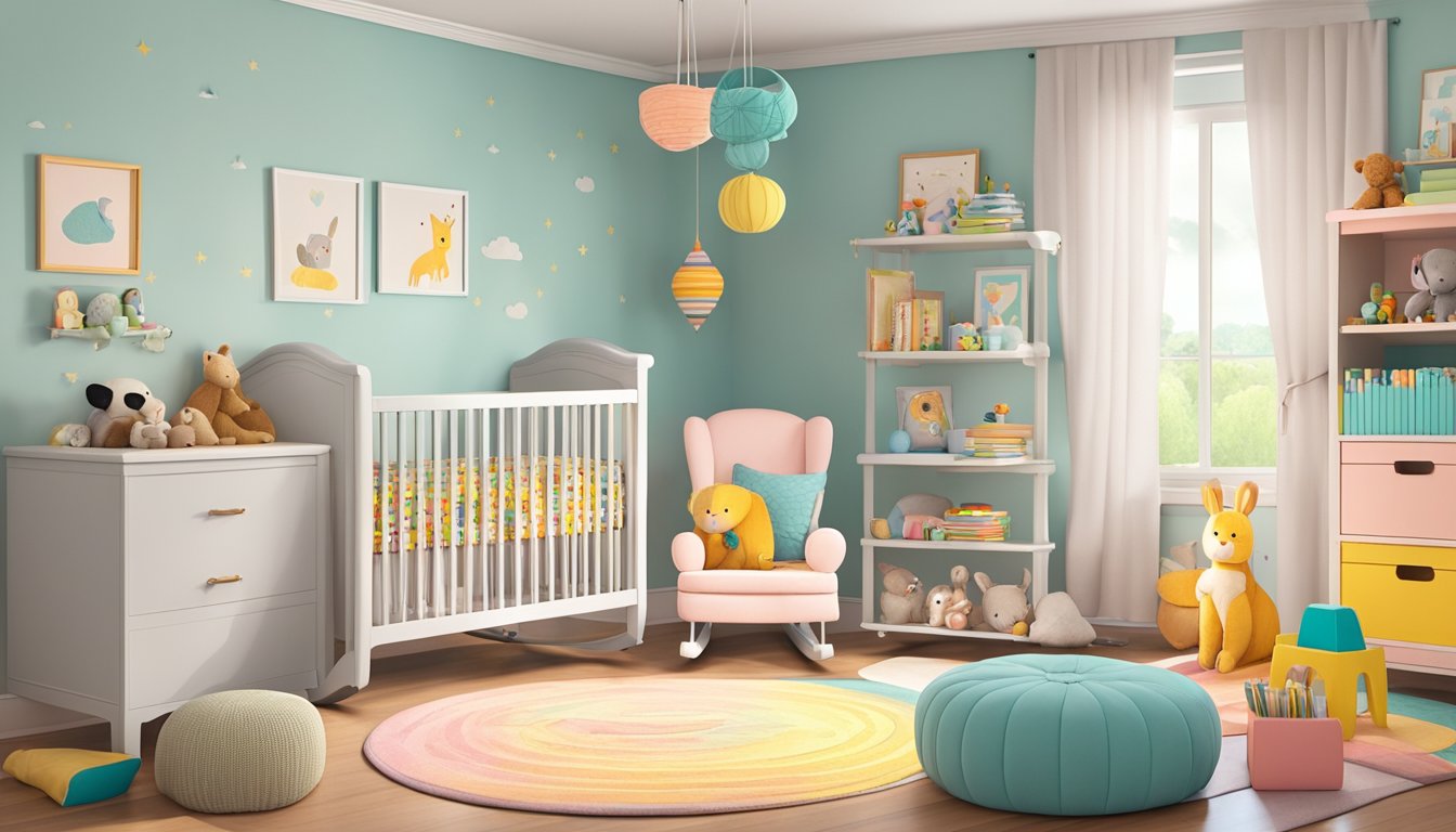 A cozy nursery with pastel walls, a rocking chair, and shelves filled with colorful books and toys. A crib with soft, patterned bedding sits in the corner, while a mobile of cute animals hangs above