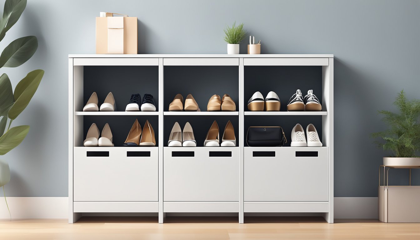 A sleek, modern narrow shoe cabinet sits against a wall, with multiple compartments and a stylish finish, neatly organizing various pairs of shoes