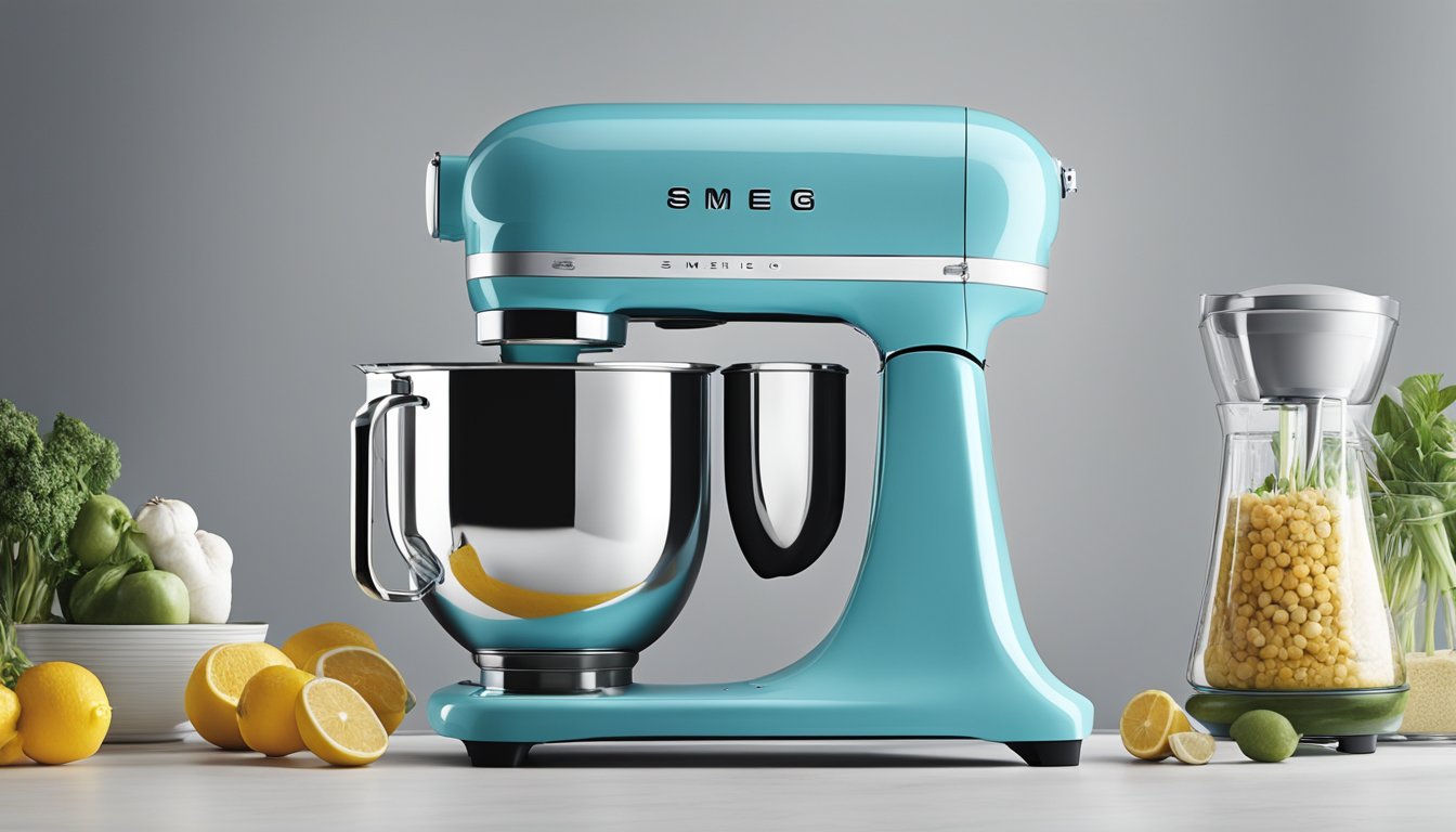 A sleek Smeg mixer effortlessly blends ingredients in a modern kitchen, showcasing its performance and versatility