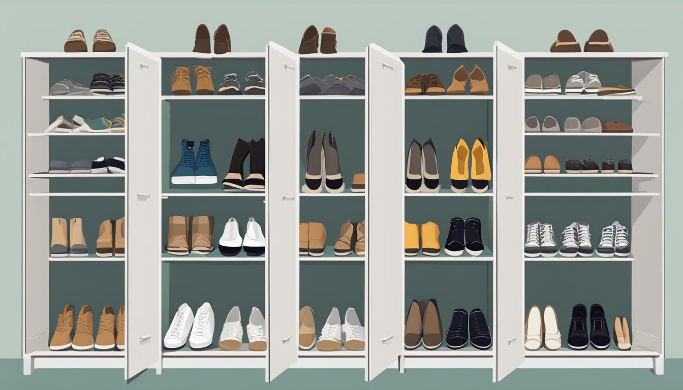 A narrow shoe cabinet with open doors, displaying neatly arranged pairs of shoes. Labels on each shelf indicate different shoe sizes
