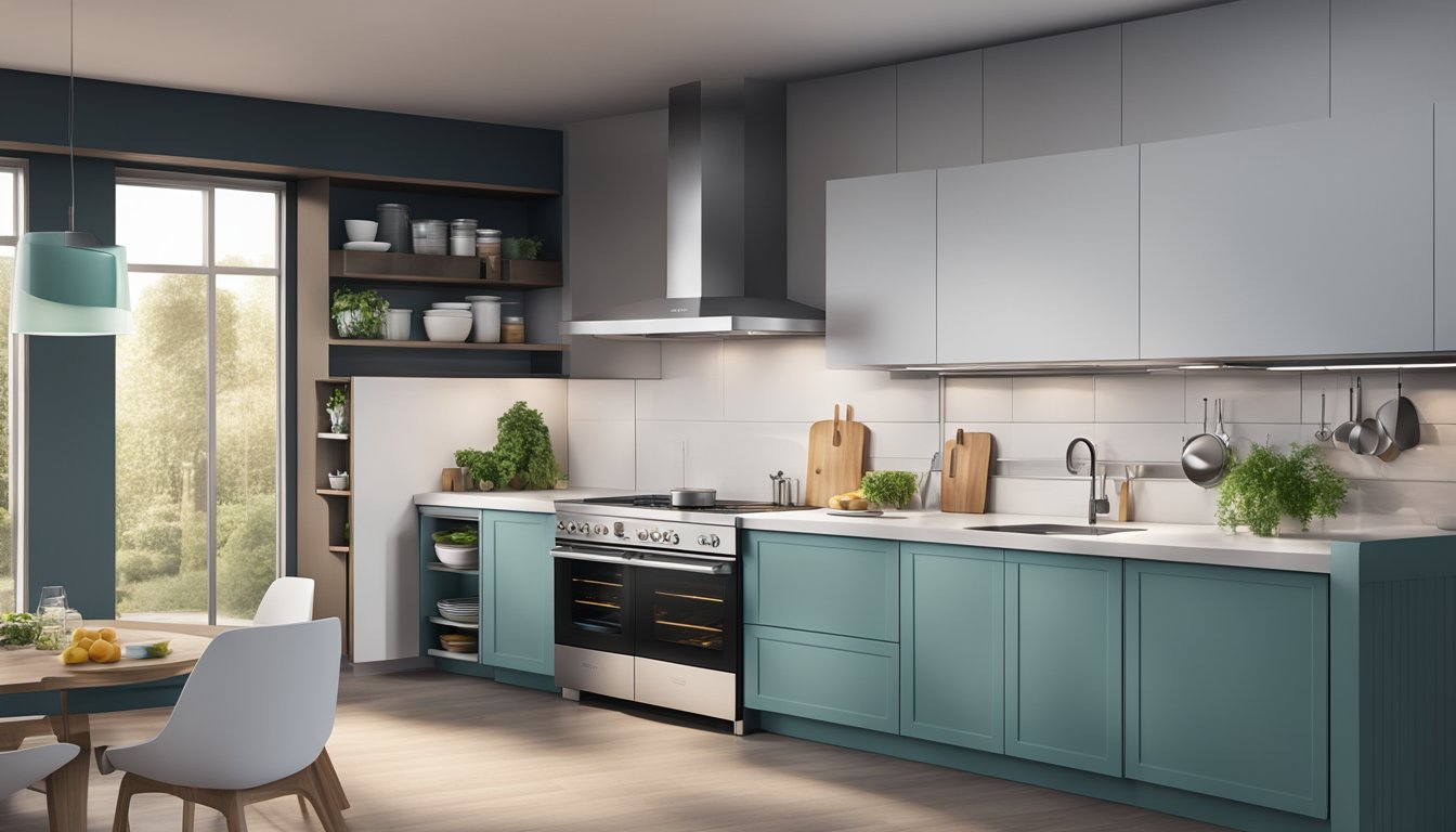 A modern kitchen with a sleek, stainless steel Smeg hood, casting a soft glow over a clean, organized cooking space