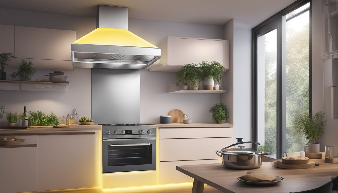 A sleek stainless steel Smeg hood hovers above a modern kitchen stove, with a soft glow emanating from its built-in lighting