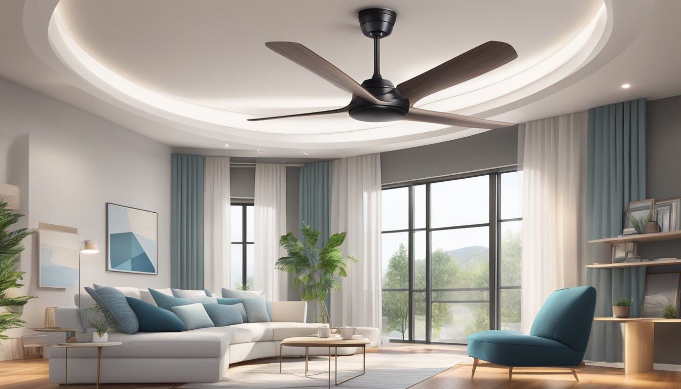 Ceiling fans with LED lights spinning in a modern, airy room