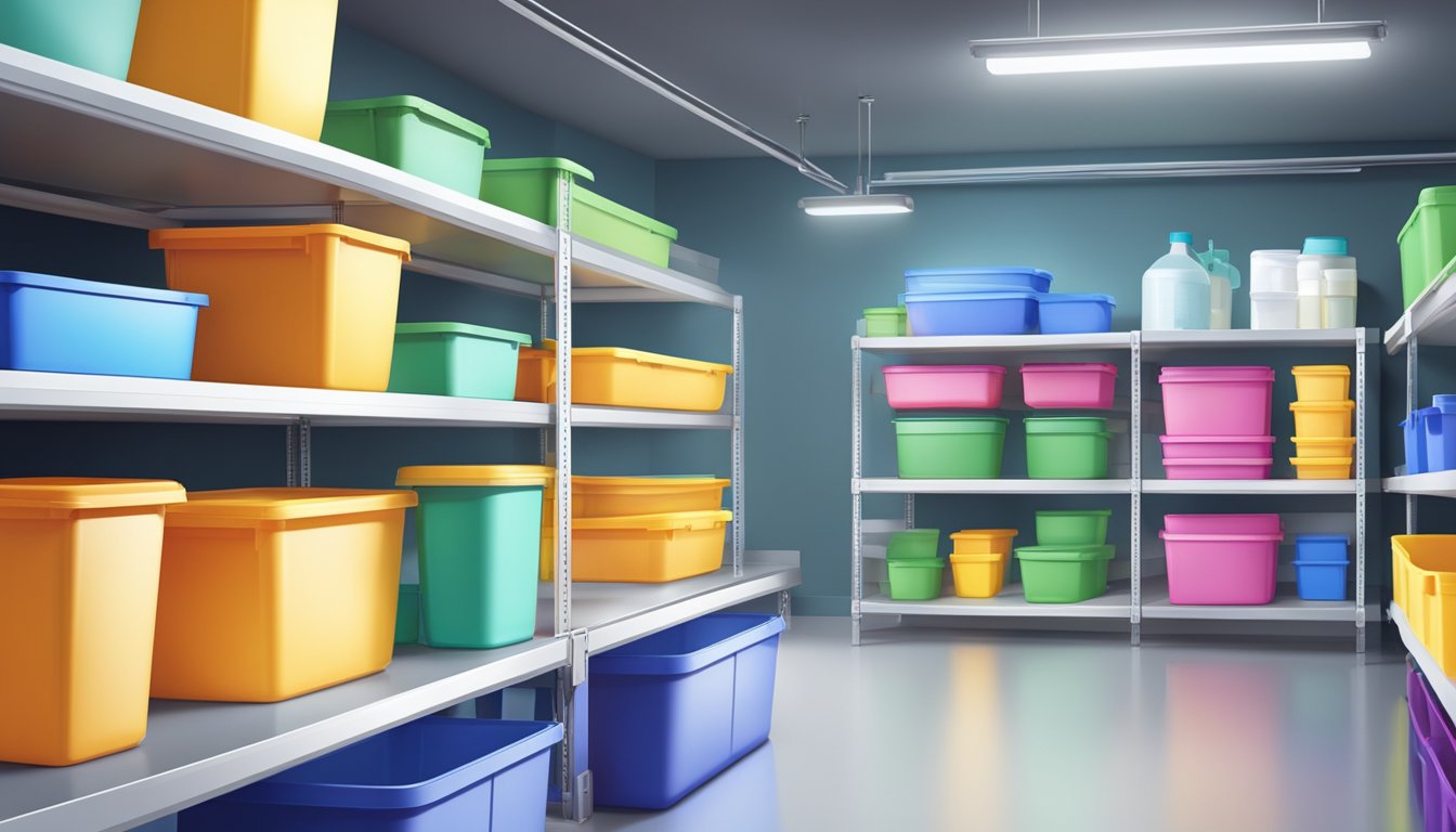 Several plastic storage containers stacked neatly on shelves. Labels indicate contents. Bright lighting highlights the clean, organized space