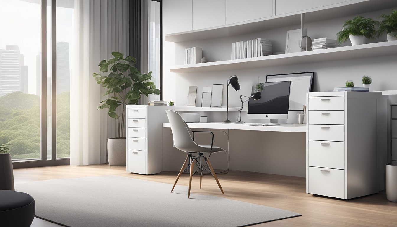 A modern office with sleek white drawers in Singapore. The drawers are neatly arranged against a backdrop of a minimalist and stylish interior