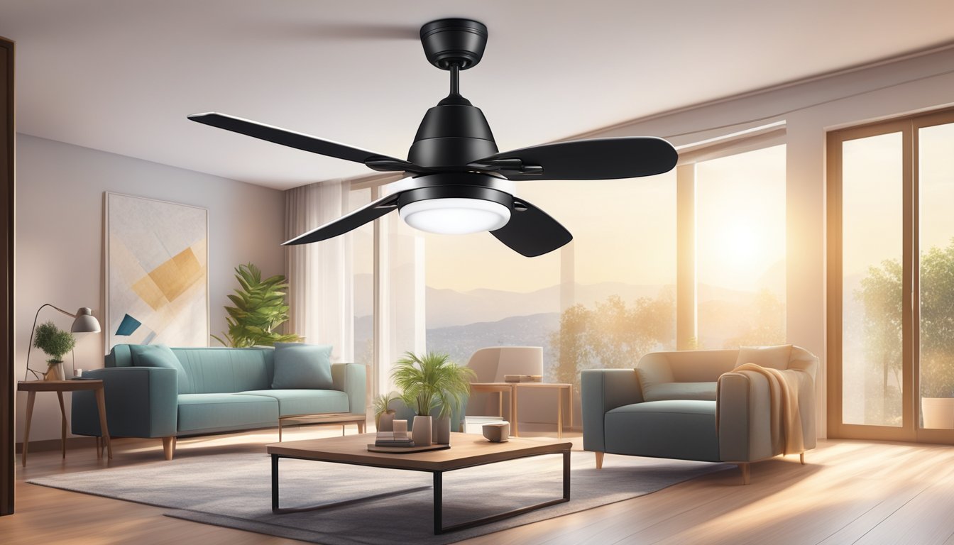 A hand reaches up to adjust a modern LED ceiling fan, casting a soft glow and providing a cool breeze in a stylish room