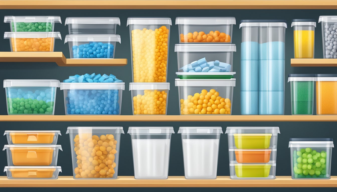 Various plastic storage containers stacked neatly on shelves, with labels and clear lids for easy identification