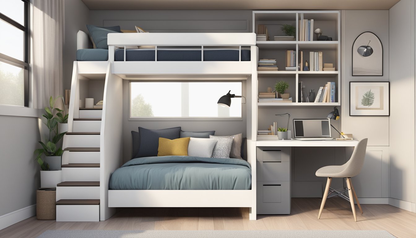 A sleek, modern loft bed with built-in storage and a study desk underneath. Clean lines and a neutral color palette give a minimalist feel