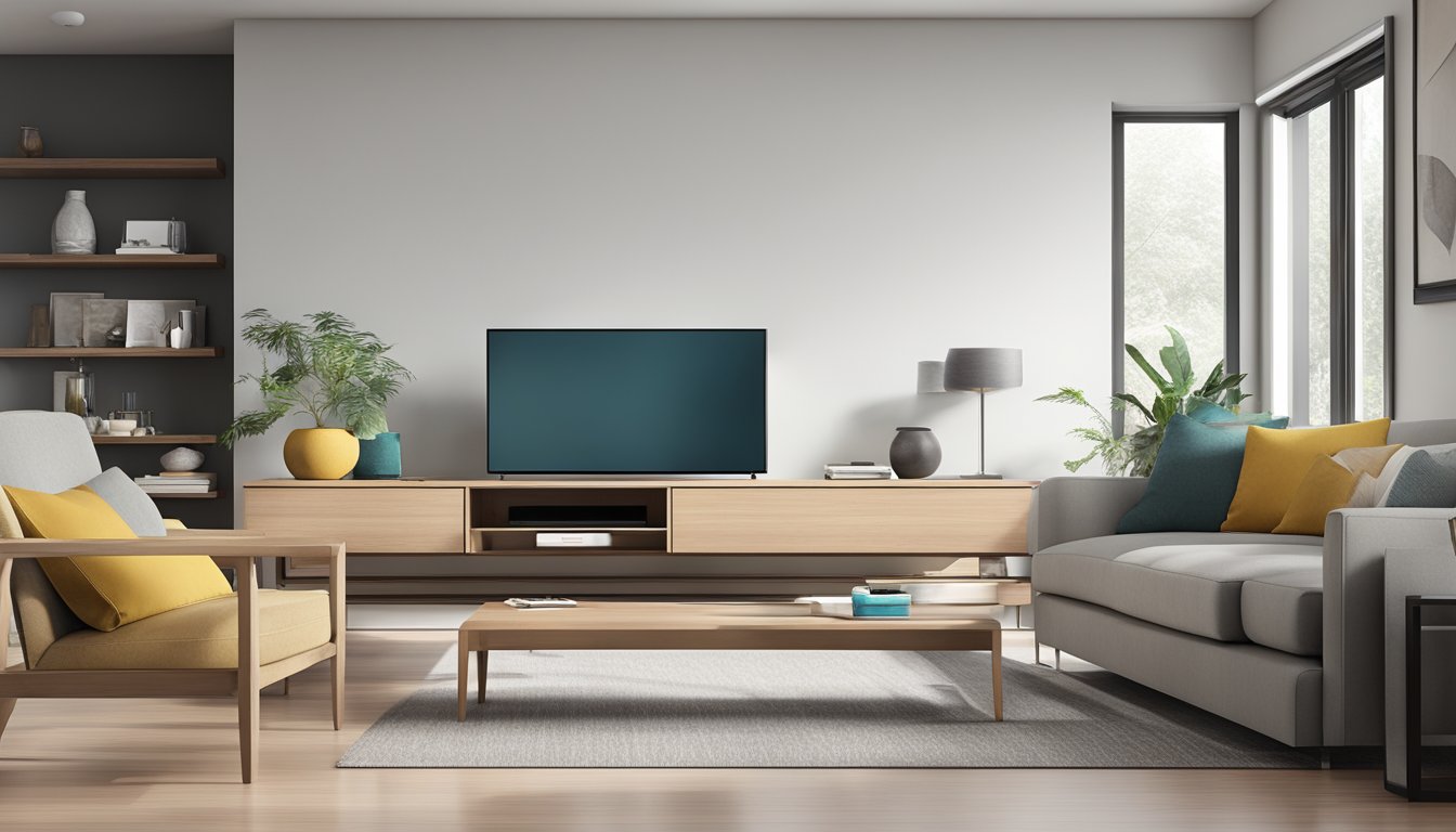 A low TV console with sleek lines and a minimalist design, adorned with a few decorative items