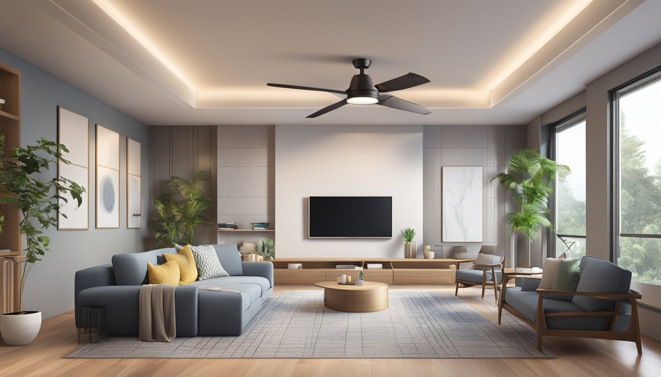 A modern living room with a sleek LED ceiling fan casting a soft glow, providing both cooling and energy-efficient lighting