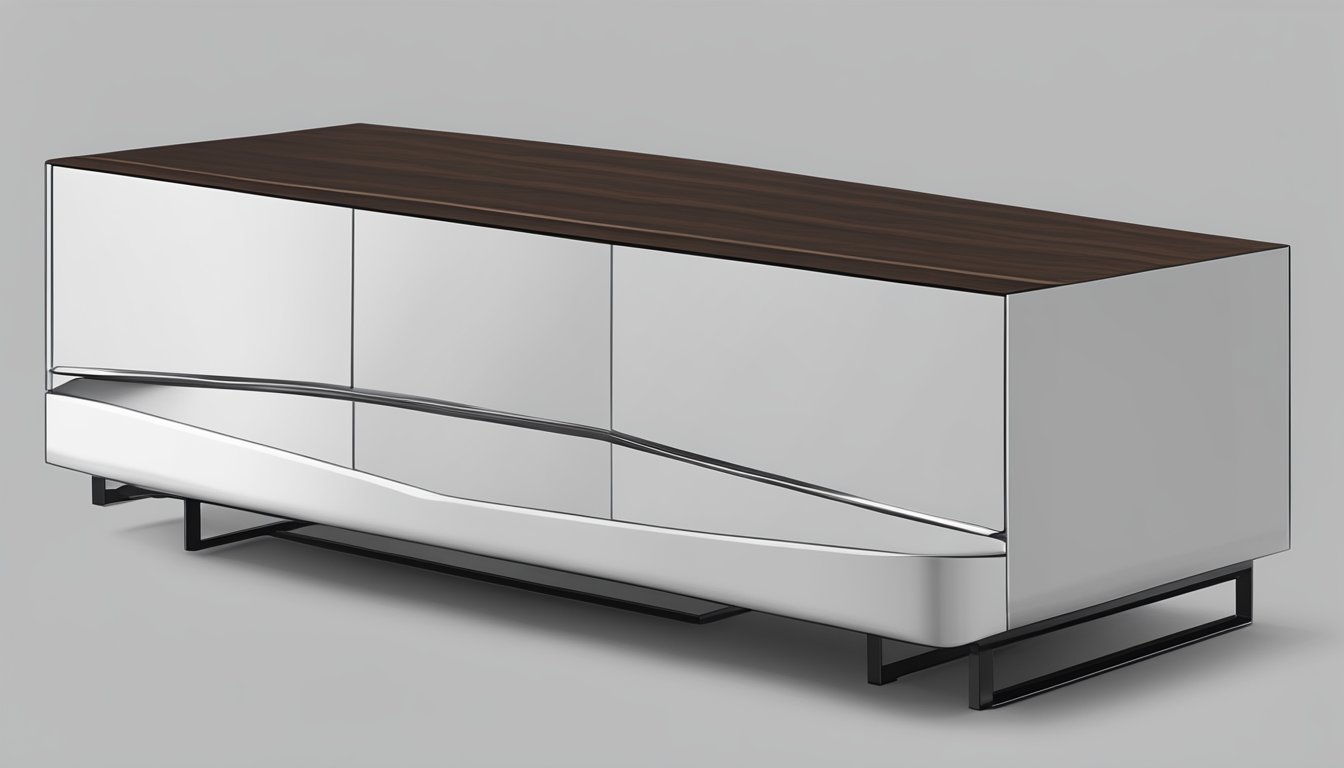 A sleek, modern low TV console made of dark wood and metal, with clean lines and minimalistic design