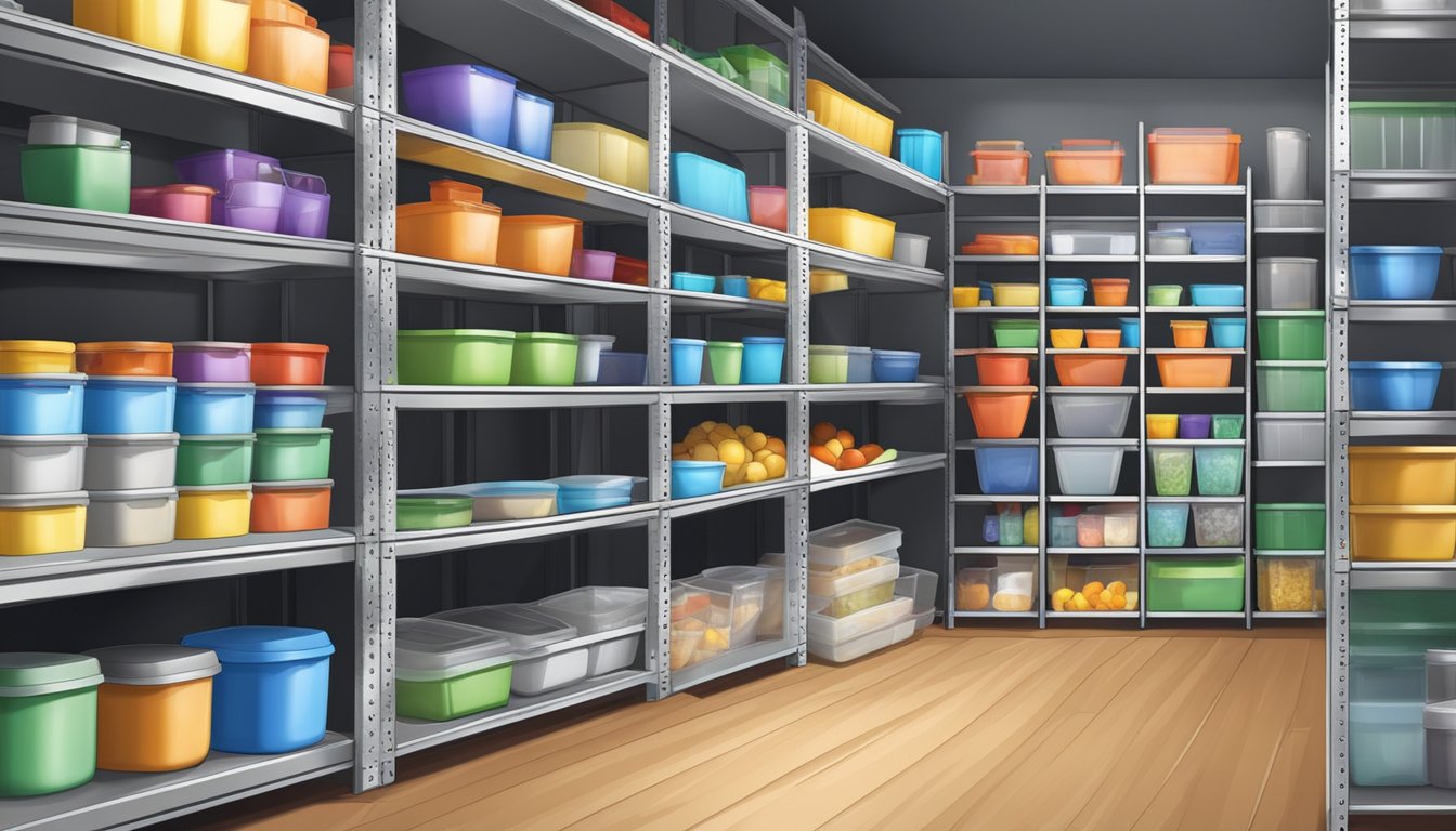 Plastic storage containers neatly organized on shelves, labeled and filled with various items. Different sizes and colors add visual interest to the scene