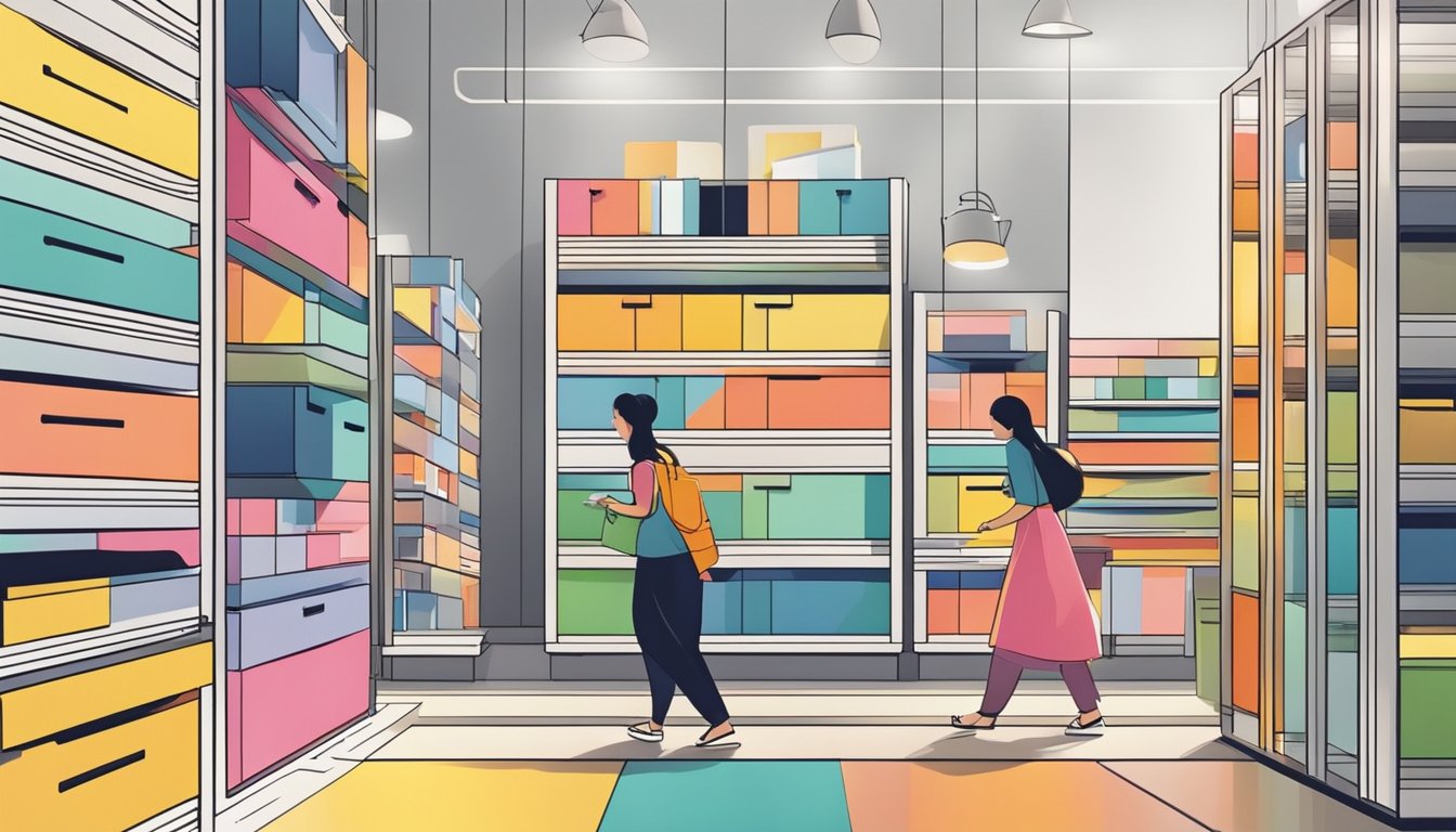 Customers browsing colorful drawers in a modern Singapore furniture store